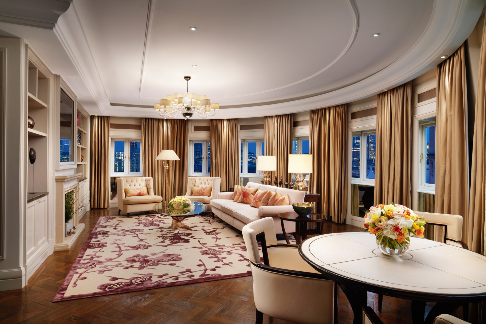 Royal Penthouse living room at night at Corinthia London luxury hotel near Westminster