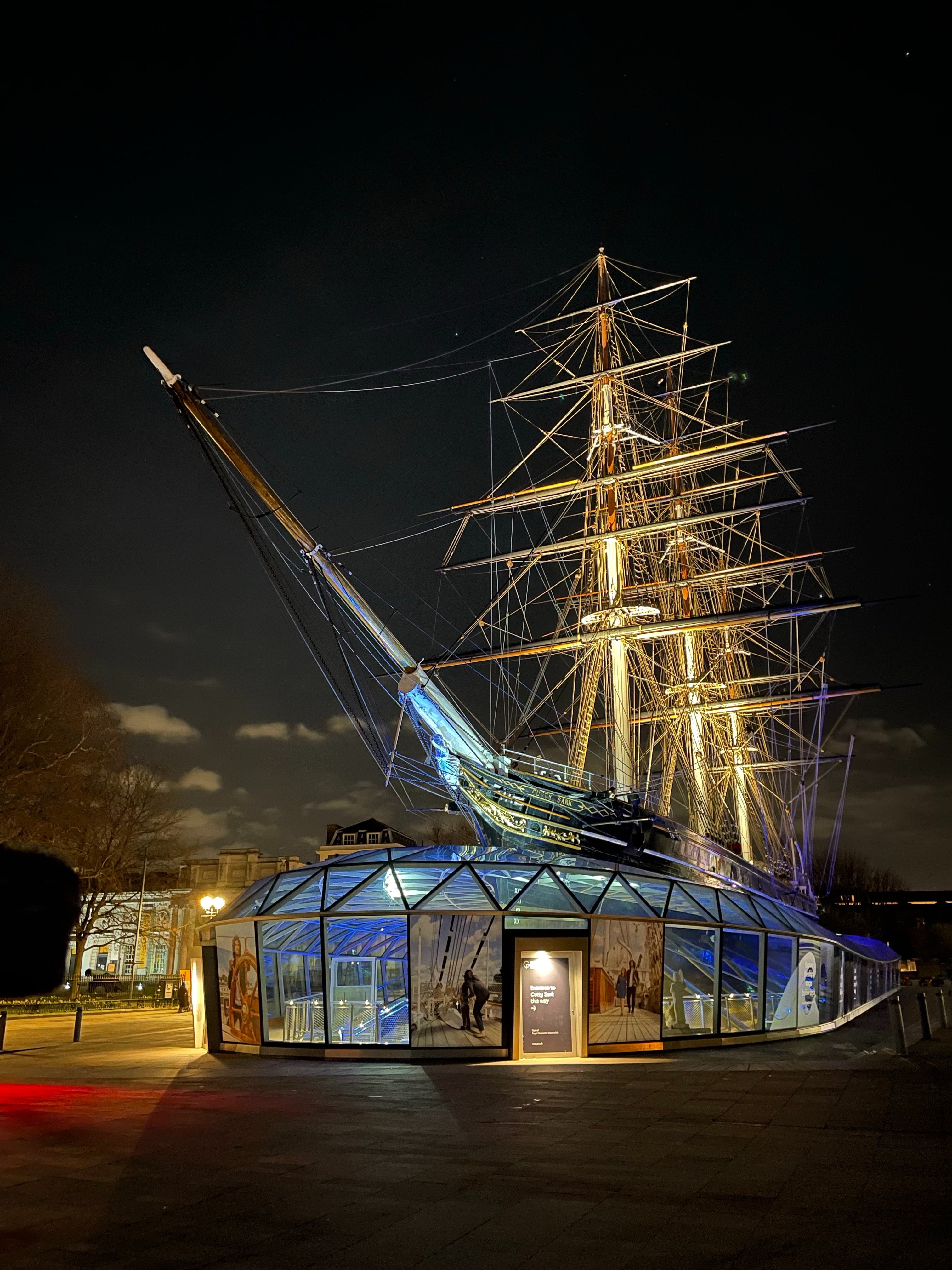 Cutty Sark ship in Greenwich at night